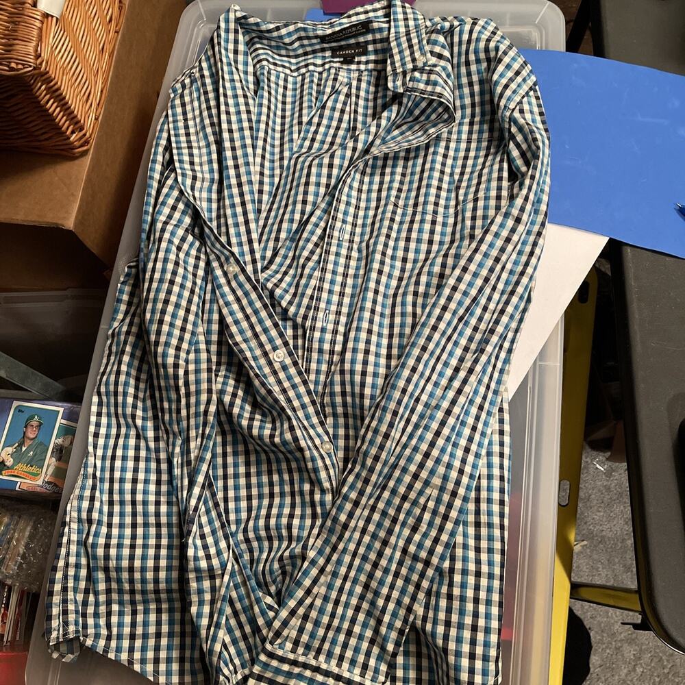 Banana Republic Size M Men Shirt Camden Fit Blue Plaid Button Down Long Sleeve